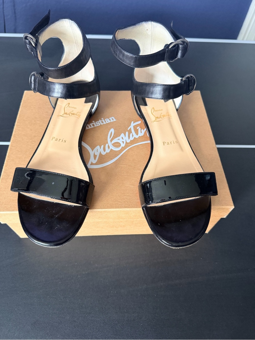 Christian Louboutin Black Patent Leather Double-Strap Ankle Sandals